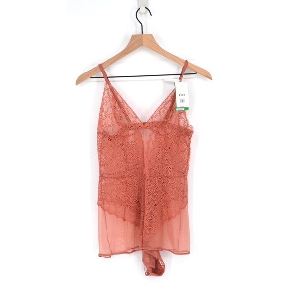 NEW DKNY Lace Mesh Teddy Romper Sheer Bodysuit S Pajamas Pink Women's L - Picture 2 of 10